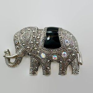 Elephant Brooch, Silver, Rhinestone, Lucky, Trunk Up, Vintage Pin, Enamel, Black